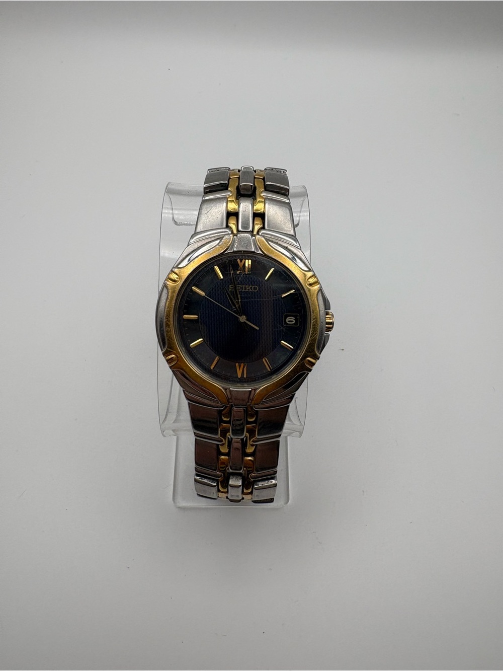 Seiko Dual Tone Watch Date Dial Navy #7N42-6C10 Stainless Steel Works